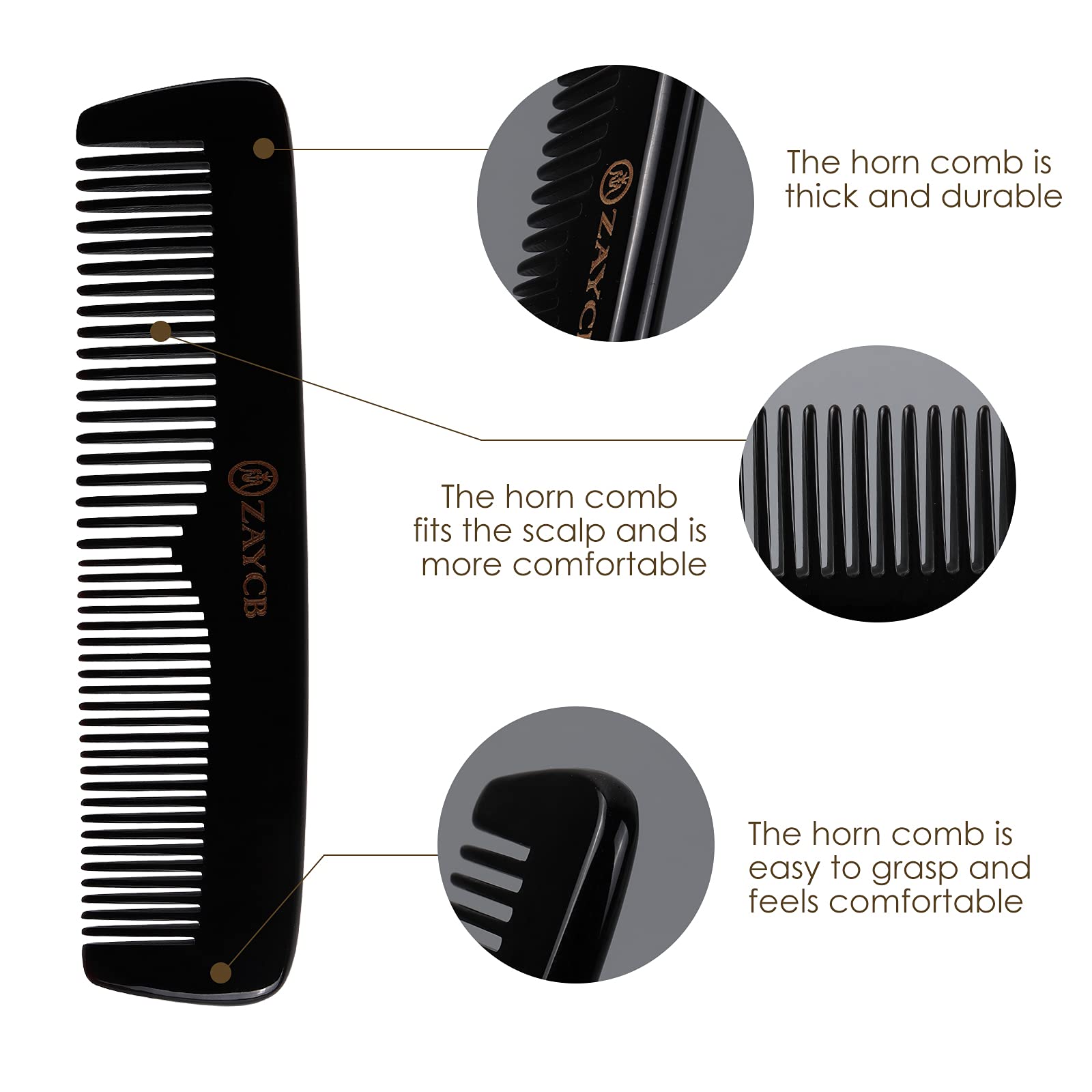 ZAYCB Buffalo Horn Comb - Anti-Static Detangling Styling Comb for All Hair Types (Classic Fine Tooth, Men, Women, Kids)