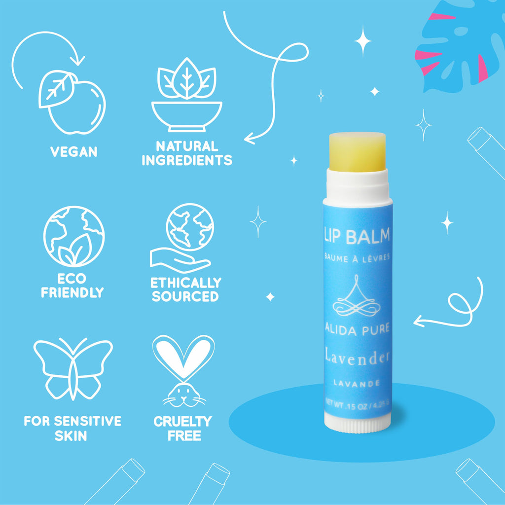 ALIDA PURE Lavender Lip Balm, Cruelty Free, Vegan, Beeswax Free, with Organic Jojoba and Avocado Oil, Vitamin E, Natural Moisturizer for Dry, Chapped, or Cracked Lips, 3 Tube Set