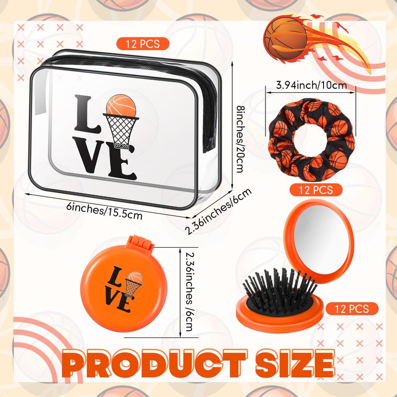 Yungyan 36 Pcs Basketball Gifts 12 Basketball Makeup Bag for Women Party Favors Team Gifts with 12 Sport Hair Scrunchies 12 Round Portable Folding Brush