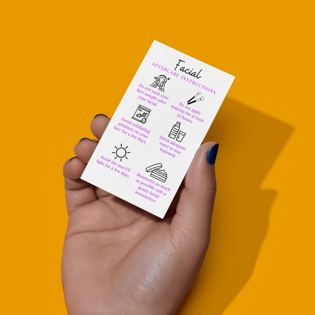 Boutique Marketing LLC Facial Aftercare Cards | 50 Pack | Size 2 x 3.5” inches Business Card Size | Esthetician | Aftercare Instructions White with Purple Text Design, black, white, purple