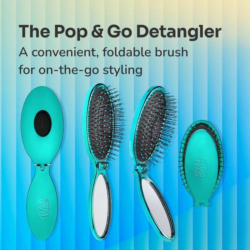 Wet Brush Pop Go Detangler, Blue Teal - Foldable, On-The-Go Design, Travel Brush, Ultrasoft IntelliFlex Bristles, Detangling Hairbrush, Built-In Mirror Handle, Wet & Dry, All Hair Types (Pack of 2)