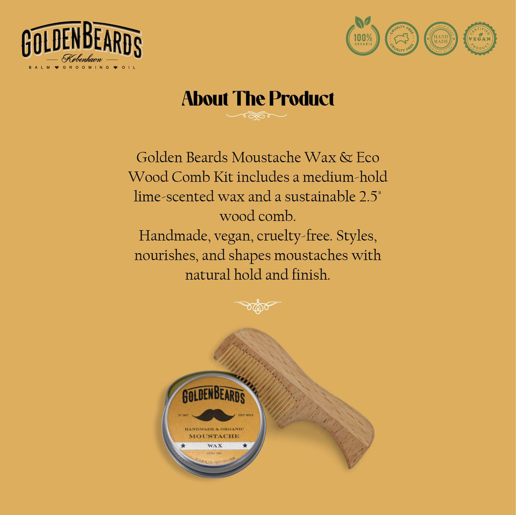 Golden Beards Moustache Wax & Eco Wood Vegan Comb Kit – Medium Hold Wax with Lime Scent & Eco Wood Comb 2.5 in – Handmade, Vegan, Cruelty-Free Moustache Styling Set