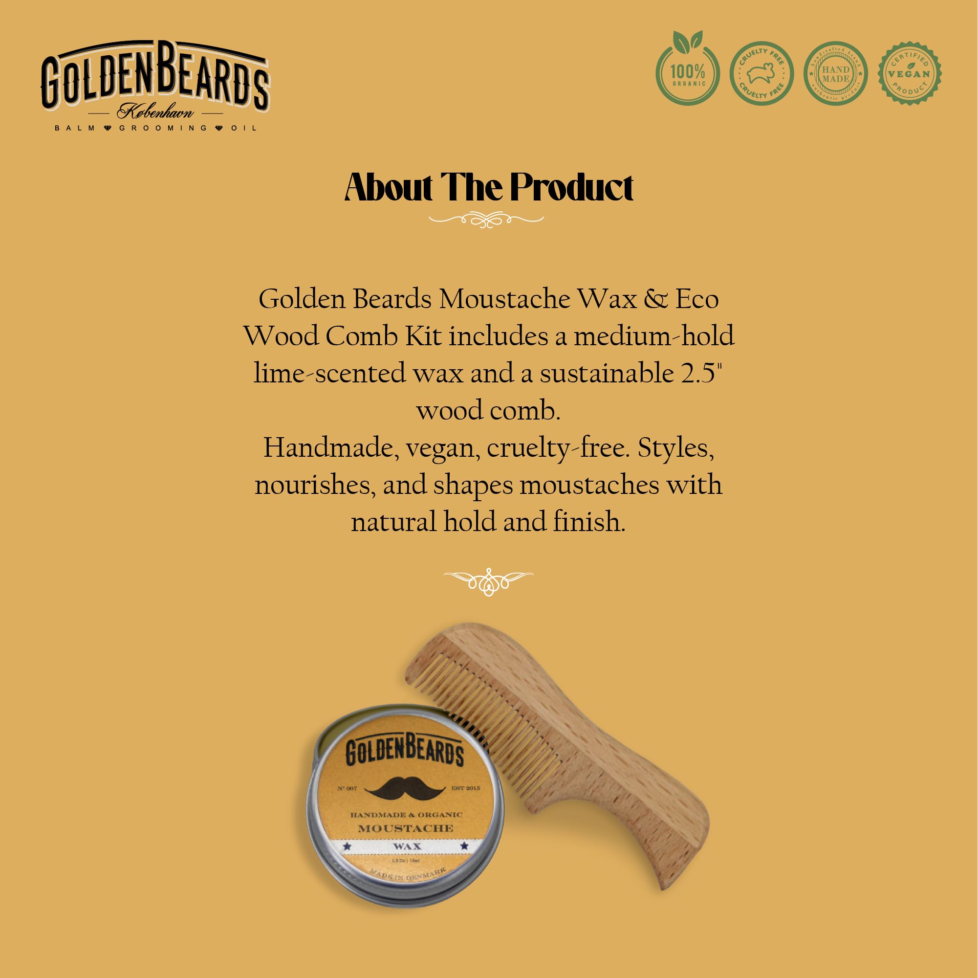Golden Beards Moustache Wax & Eco Wood Vegan Comb Kit – Medium Hold Wax with Lime Scent & Eco Wood Comb 2.5 in – Handmade, Vegan, Cruelty-Free Moustache Styling Set