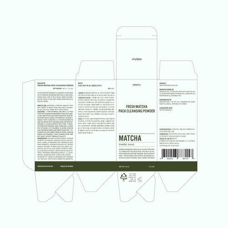 delphyr FRESH MATCHA PACK CLEANSING POWDER, Matcha Mask, Ceramide, Gentle Face Wash, Radiant Skin, Facial Cleanser for Dry Skin, Korean Skincare, Fragrance Free, 40g/1.41fl.oz.