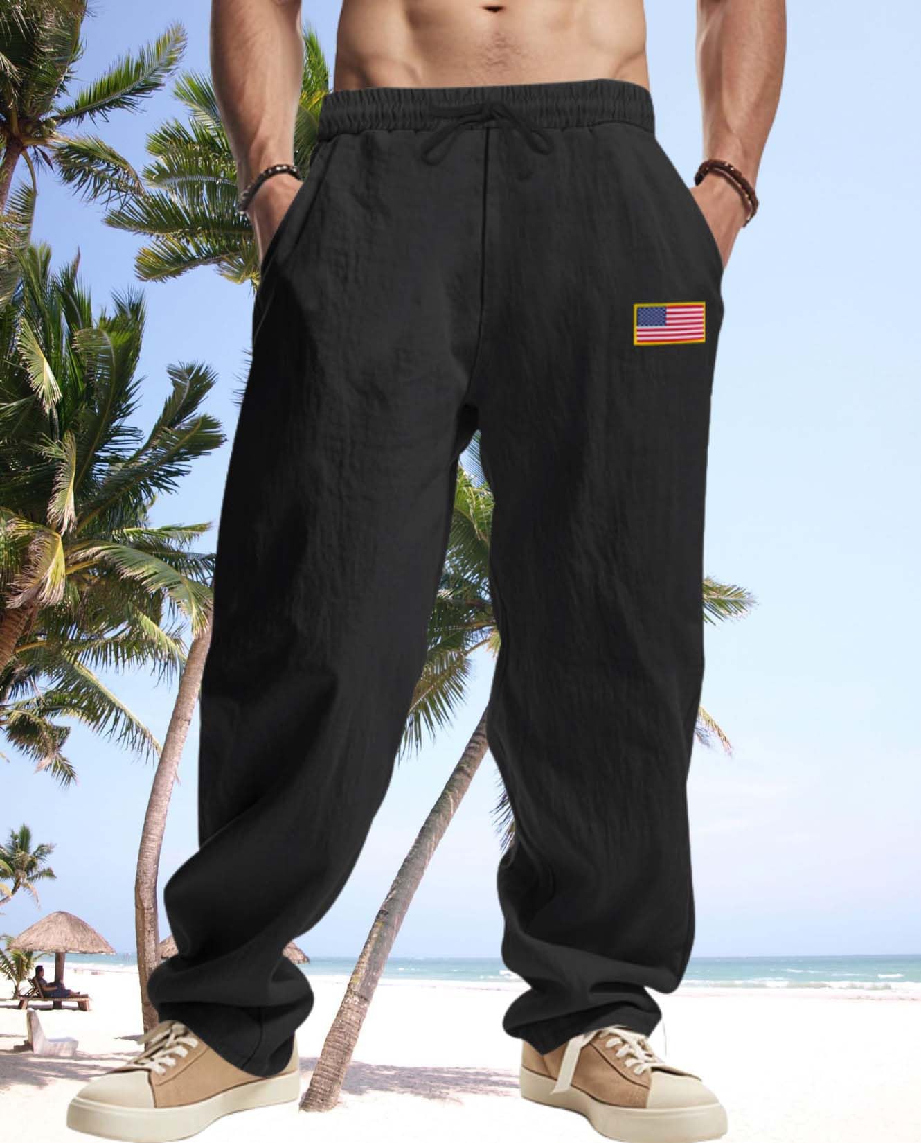 Zhyaj Linen Casual Pants for Men American Flag Graphic Splicing Hip Hop Trousers Elastic Waist Drawstring Sweatpants Pants with Pockets Black