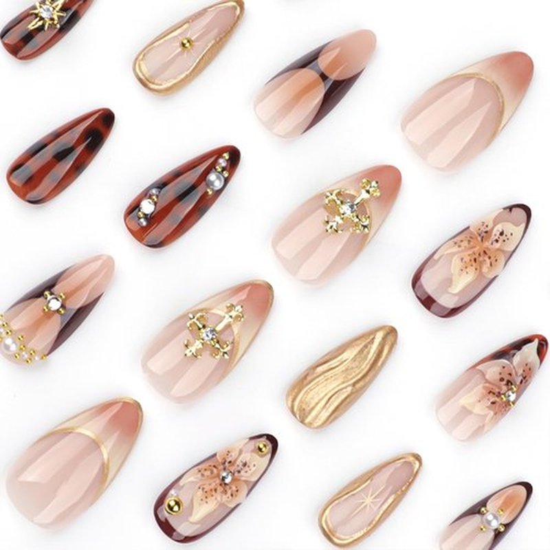JONKASIPA 3D Handmade Pressed Nails Brown Almond False Nails with Dimensional Gold Lines and Floral Patterns French Gloss Reusable Adhesive Nails for Women's Manicure Sets 24Pcs