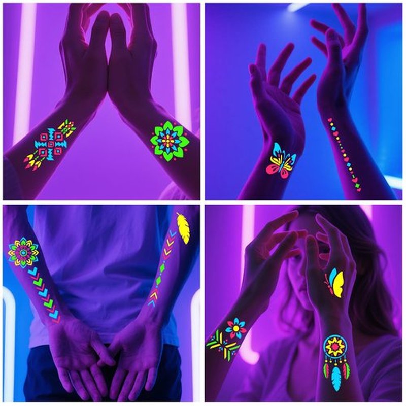 Glow in the Dark Temporary Tattoo Markers for Face Paint, 4PCS UV Neon Body Markers + 8 Sheets Temporary Tattoo Stencil for Adult, Flexible Brush Tip, Cosmetic Tattoo Pen, DIY Body Art Set