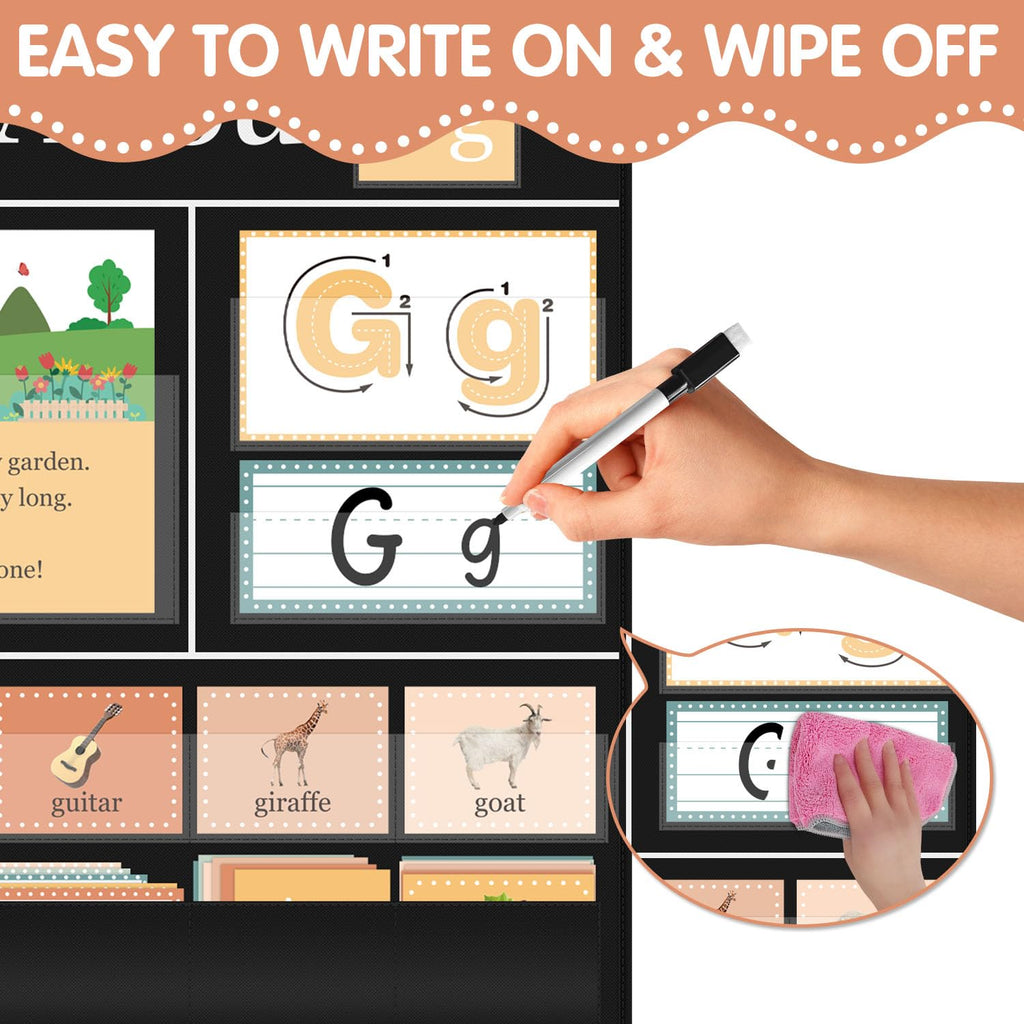 BOHEMIABY All About Letters Pocket Chart with ABC Flash Cards, 34" X 27", Letter of The Day/Week Daypocket Chart, Letter Tracing Learning Educational Wall Chart Preschool Classroom Homes, Black