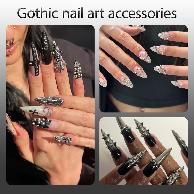 UWETIME 3 Boxes Goth Nail Charms Metal Charms for Nails Studs Black Silver Punk Accessories