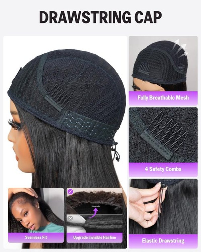 Megalook hair Straight Headband Wig Human Hair Drawstring Ponytail Half Wig No Lace Wear and Go Glueless Wigs Human Hair 20 Inch Ponytail Extension Natural Black 200% Density