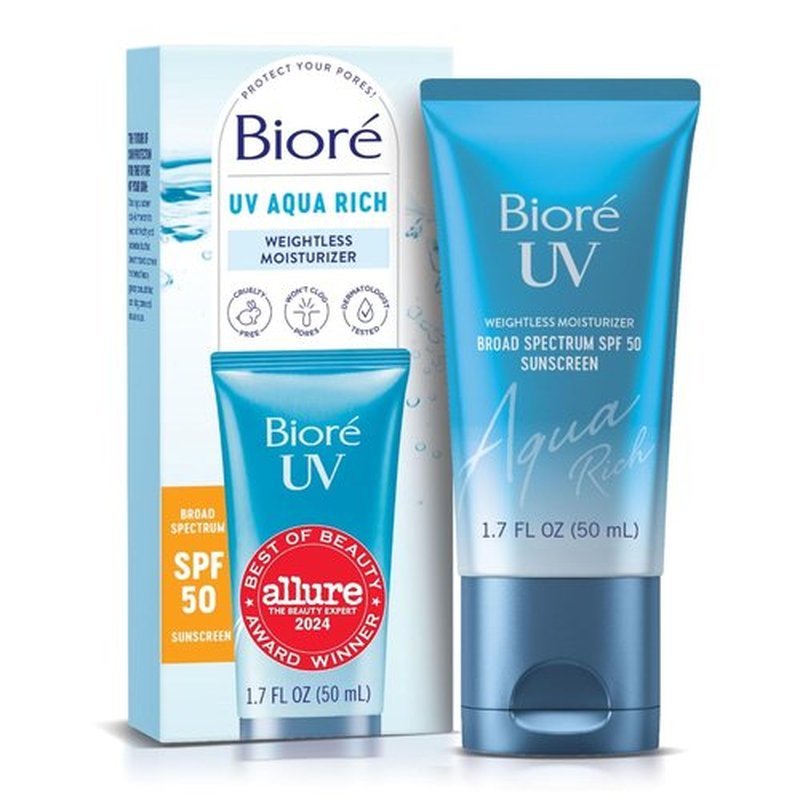 Biore UV Aqua Rich Daily Hydrating Facial Moisturizer with SPF 50 - Oil-Free Sunscreen & Primer for Sensitive Skin, 1.7 Oz