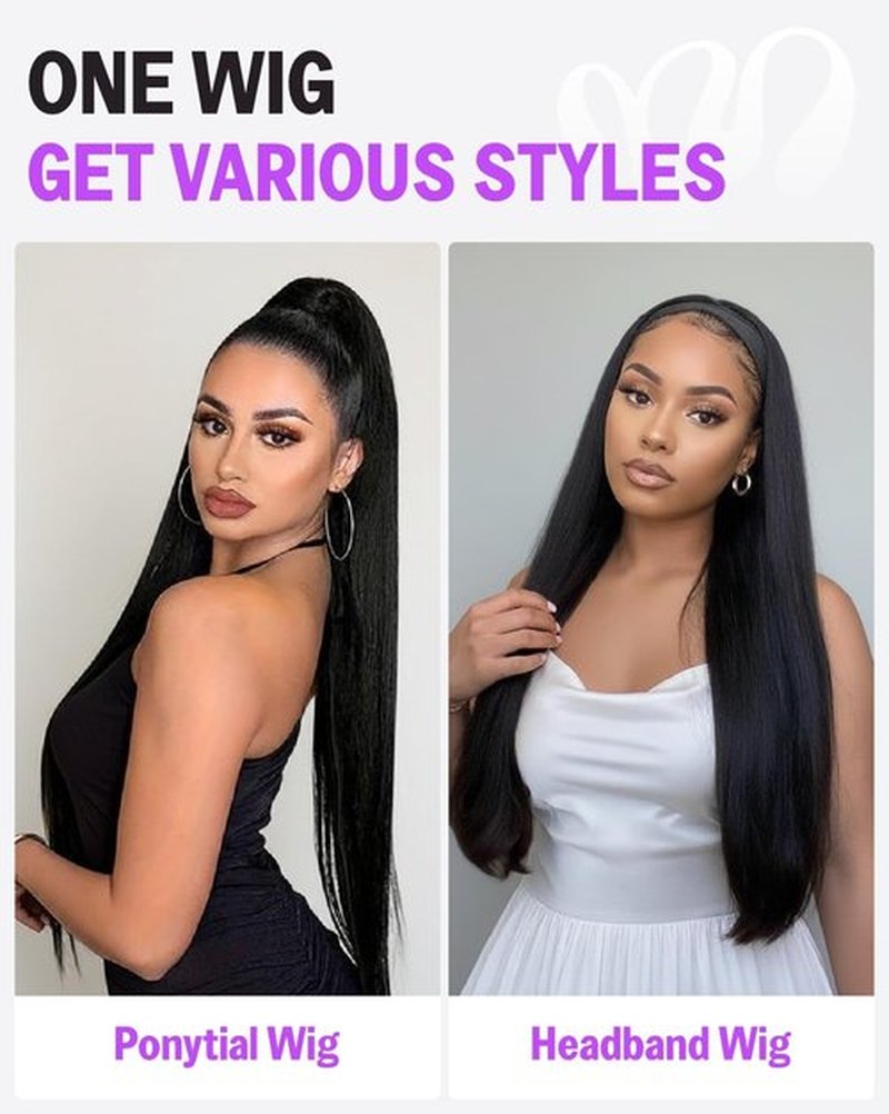 Megalook hair Straight Headband Wig Human Hair Drawstring Ponytail Half Wig No Lace Wear and Go Glueless Wigs Human Hair 20 Inch Ponytail Extension Natural Black 200% Density