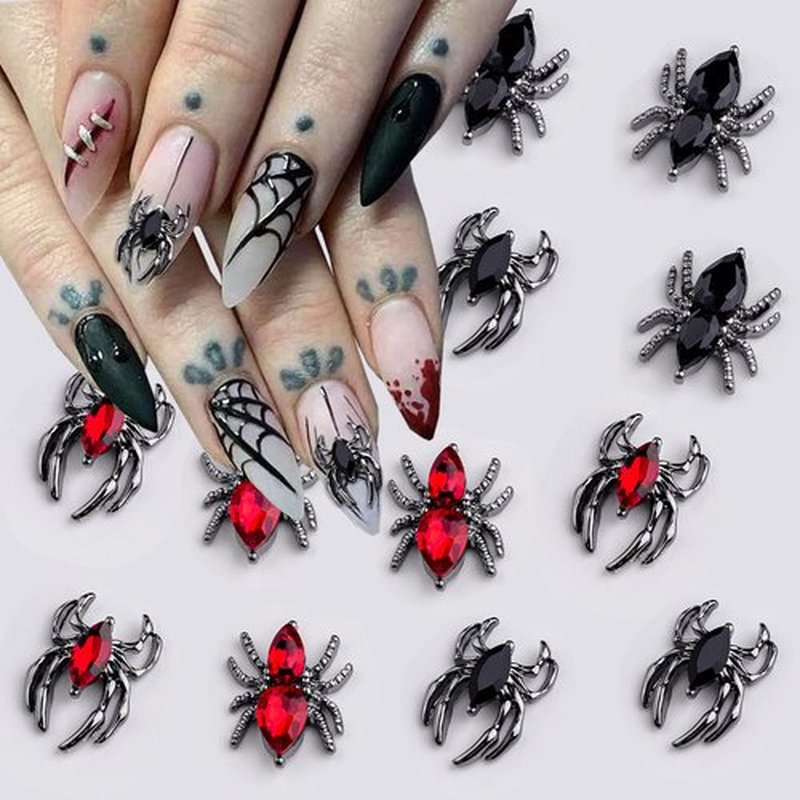 Spider Acrylic Nail Art Gems & Charms - Black & Red Spider Rhinestones - Halloween Nail Decor Accessories