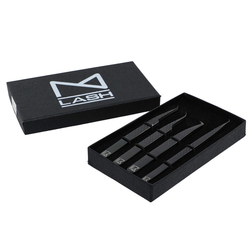 M LASH Tweezers for Eyelash Extensions (Set of 4) - Professional Lash Extension Tweezers - Fiber Tip, Japanese Steel, Diamond Grip Eyelash Extension Tweezer (Black)