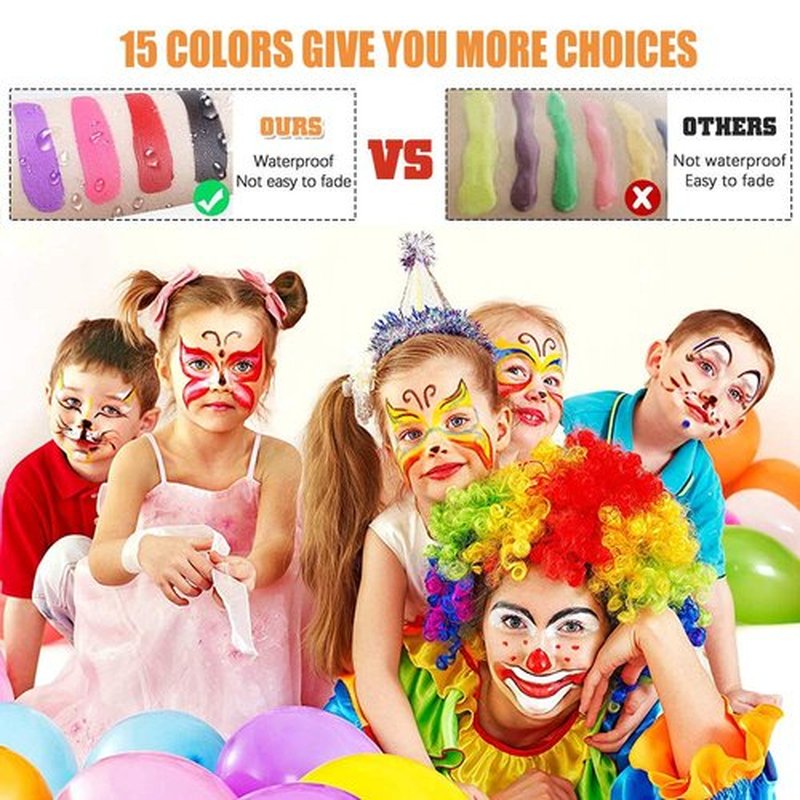 Face Painting Kit for Adults, Water Activated Body Face Paint, 15 Colors Water Based Facepaints Makeup Palette 12 Pcs Brushes, Stencils, Non Toxic for Halloween Party Birthday Cosplay