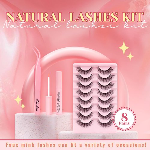 Ahrikiss Lashes Wispy False Eyelashes Natural Look Cat Eye Lashes 8 Pairs Faux Mink Lashes Lightweight Eyelashes Kit with Lash Glue and Lash Tweezers Soft Fake Lashes (Ethereal)