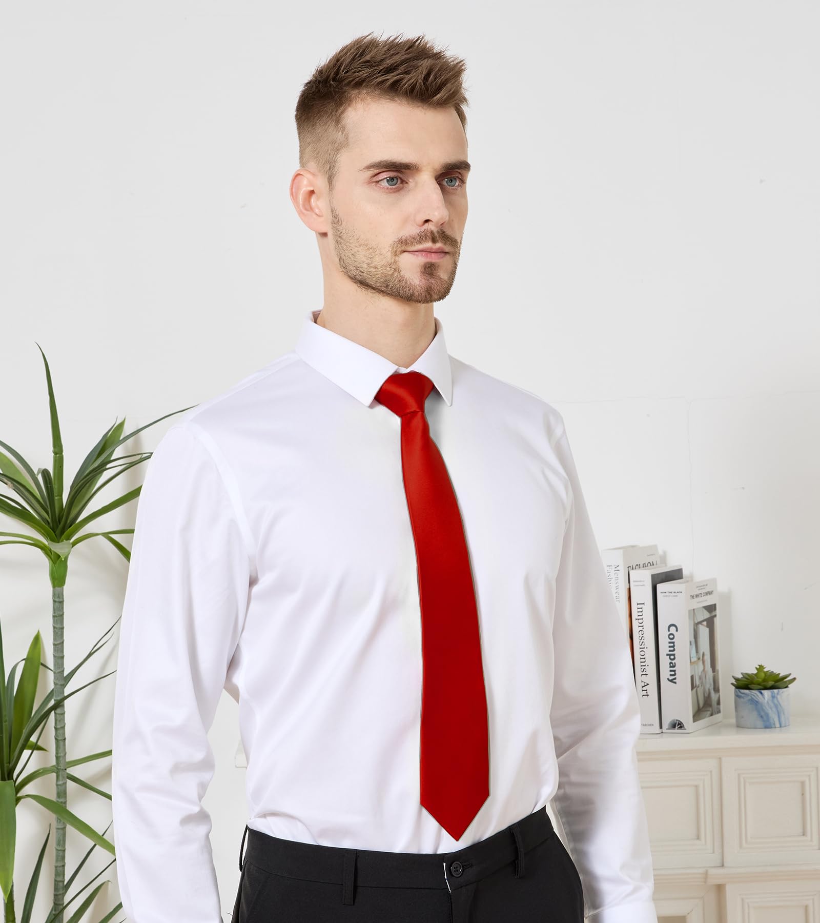 PenSee Men's Red Tie Set Solid Pure Color 3.15" (8CM) Classic Formal Plain Necktie and Pocket Square Set Red Ties For Men