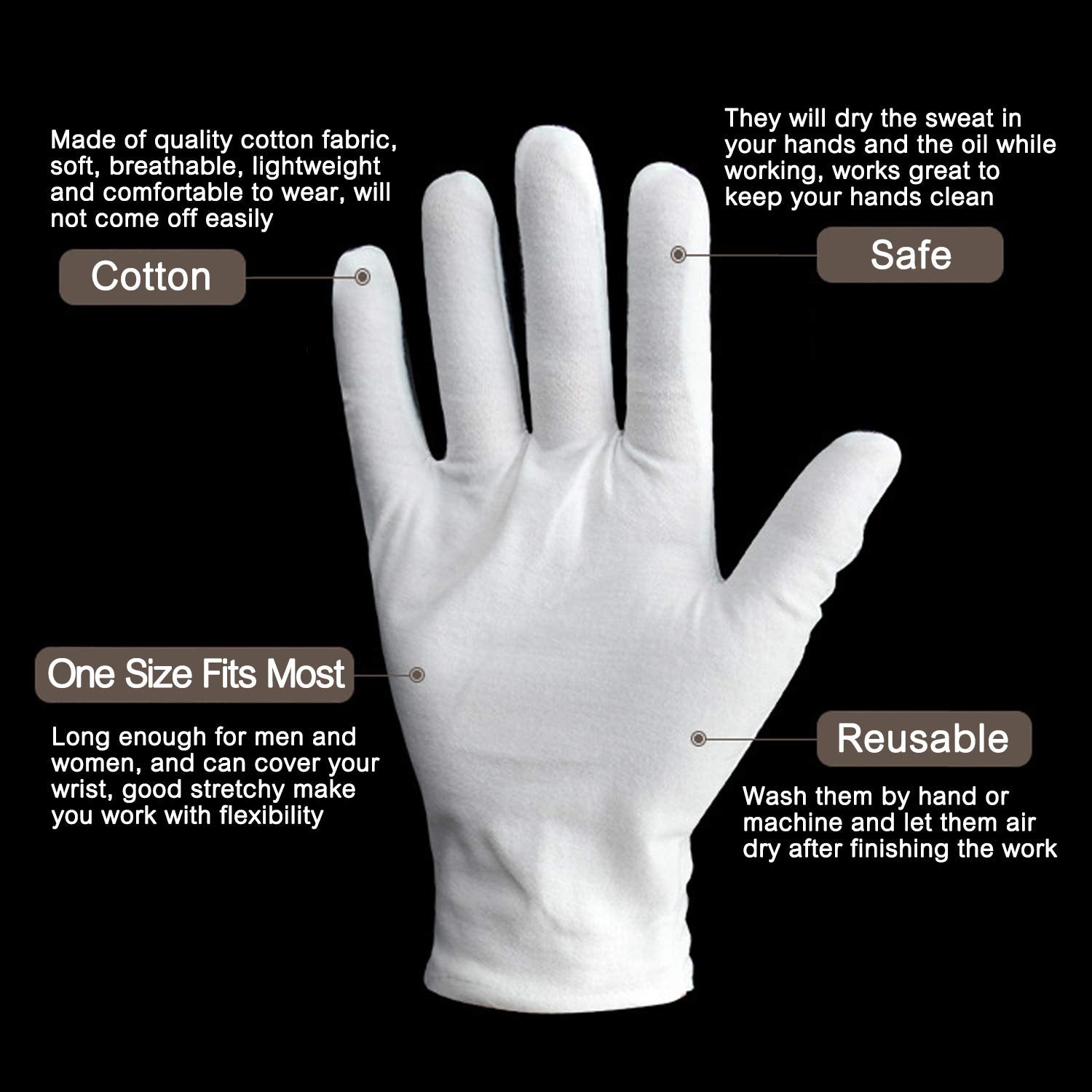 YITIAOYU 24 Pairs Soft White Cotton Gloves for Moisturizing Eczema Sleep Treatment, and Archival Inspection Handling of Coins, Jewelry, Silver, and Costume Artifacts(Large)