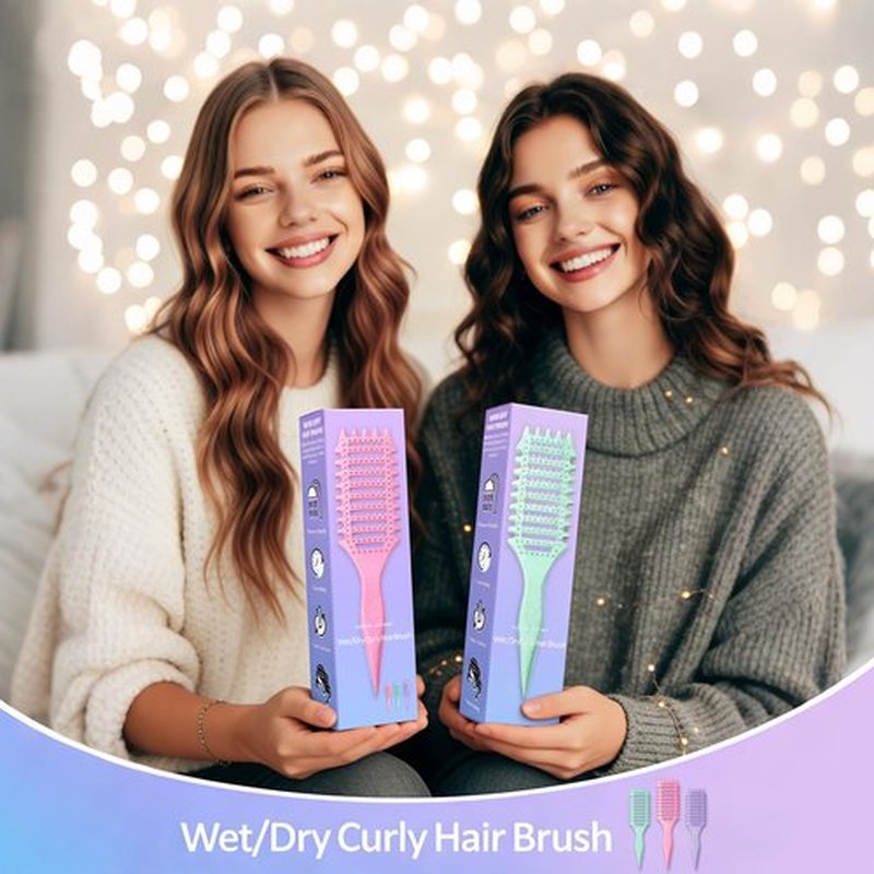 Curly Hair Brush for Women & Men, 4-in-1 Curl Defining & Detangling Brush – Anti-Frizz Anti-Static Styling Brushes with Crescent Shape & Ultra-Smooth Bristles, Wet Dry Hairbrush (Pink)