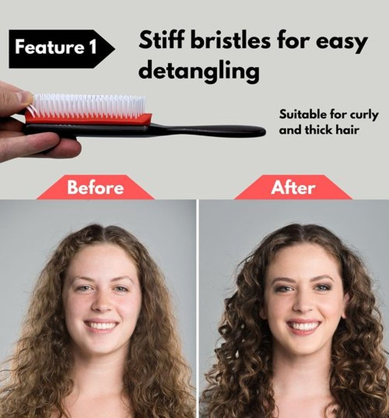 MDSTYLE Hair Brush - Curl Defining Detangler for Thick, Wavy & Coily Hair - 9 Row Design (Black, Small)