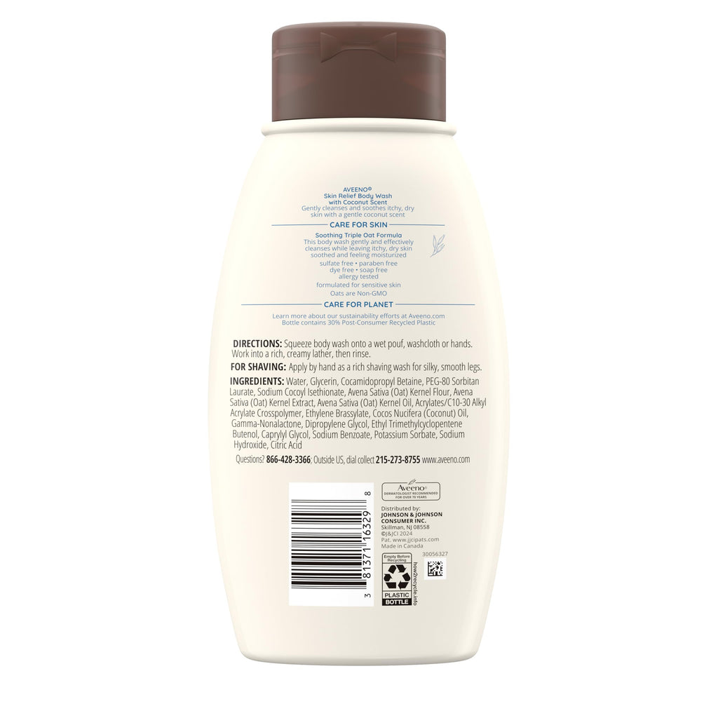 Aveeno Skin Relief Body Wash with Coconut Scent & Soothing Oat, Gentle Soap-Free Body Cleanser for Itchy, Dry & Sensitive Skin, Dye-Free & Allergy-Tested, 12 fl. oz