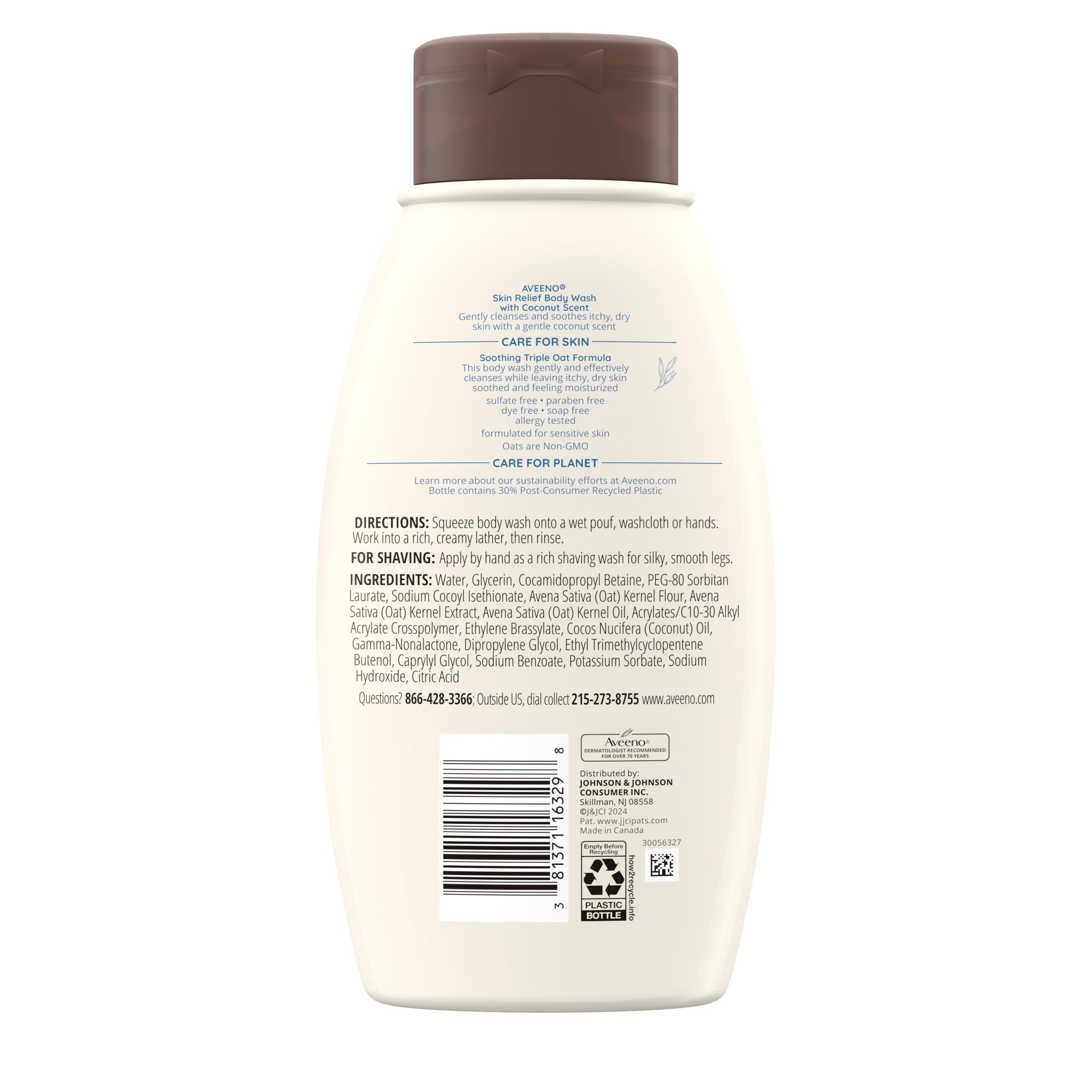 Aveeno Skin Relief Body Wash with Coconut Scent & Soothing Oat, Gentle Soap-Free Body Cleanser for Itchy, Dry & Sensitive Skin, Dye-Free & Allergy-Tested, 12 fl. oz