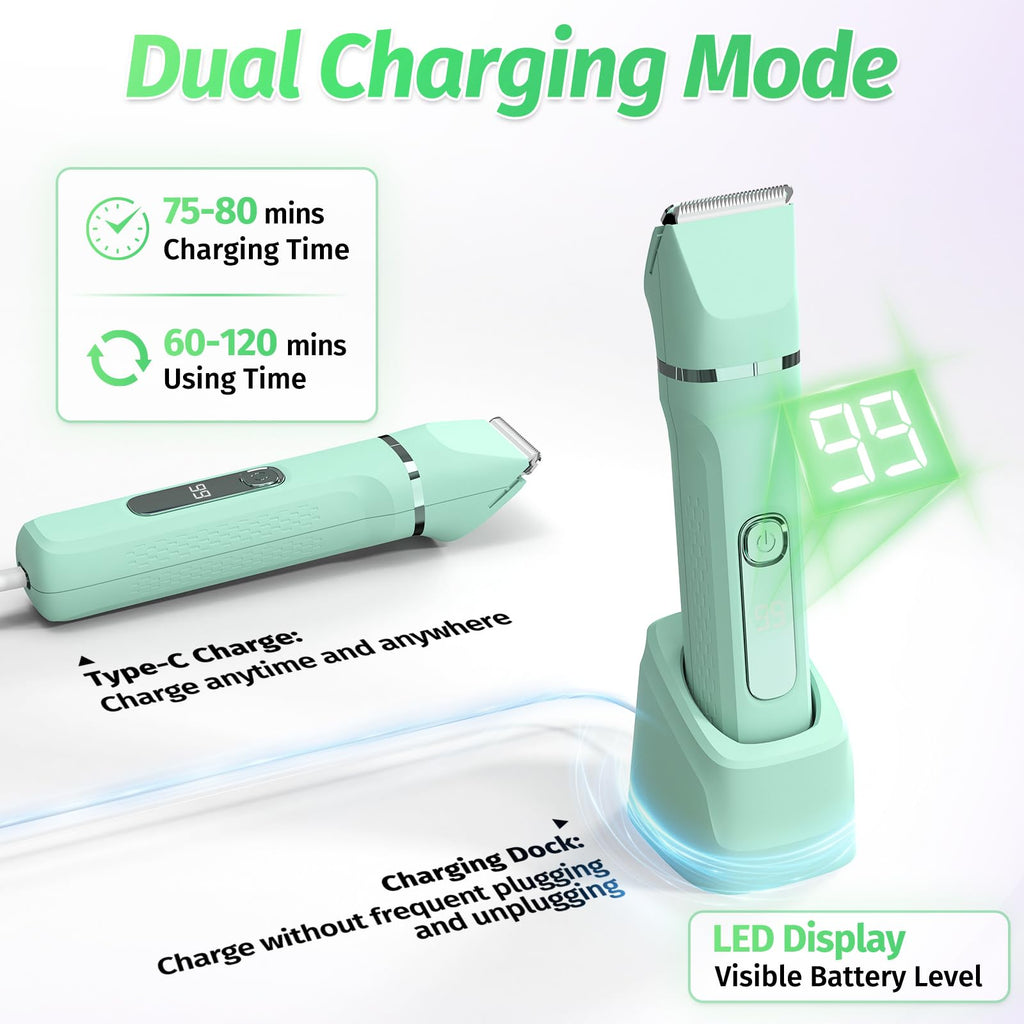 Bikini Trimmer for Women,5-in-1 Electric Razors for Women,Electric Shaver for Women's,IPX7 Waterproof Trimmer for Men Legs,with 5 Replaceable Blade Heads,USB Recharge Dock（Green）