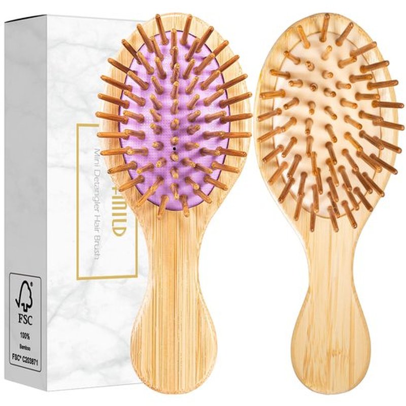 Mini Hair Brush, Travel Bamboo Bristle Detangle Hair Brush for Women - Small Portable Compact HairBrush for Girls Kids, Travel Size Brush for Purse, Car, Vacation, Traveling & Going out