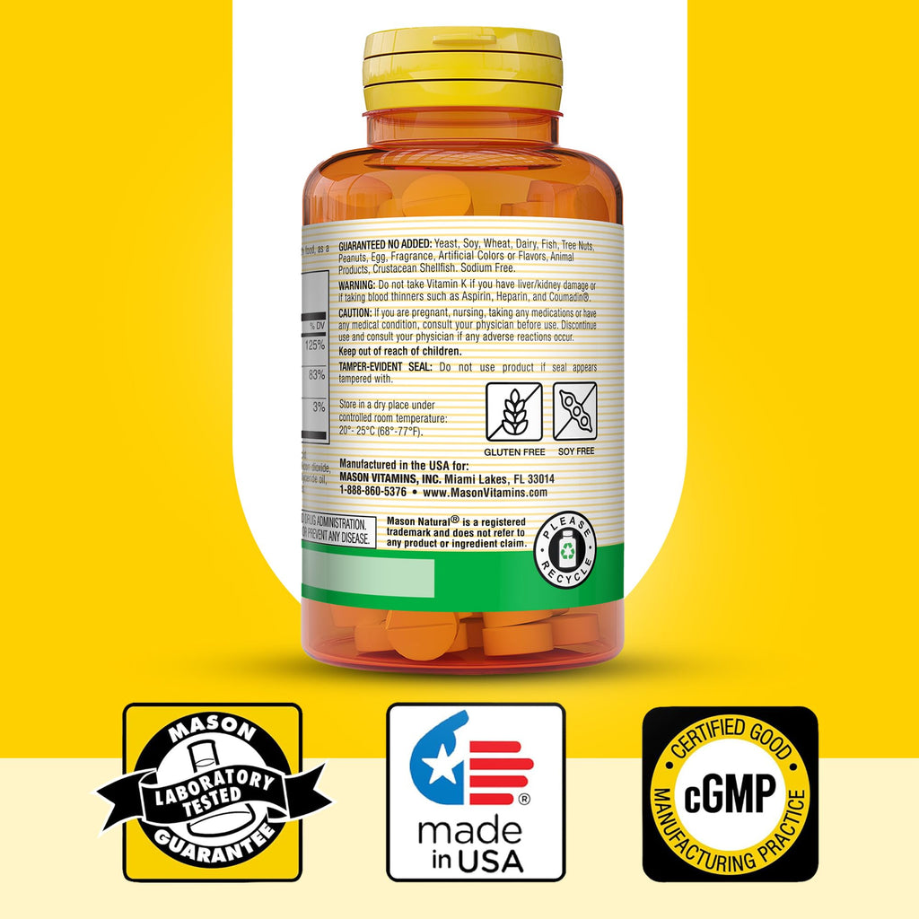 MASON NATURAL Vitamin K2 + D3, 100,Day Supply, with Calcium for Normal Bone and Muscle Support, Tablets