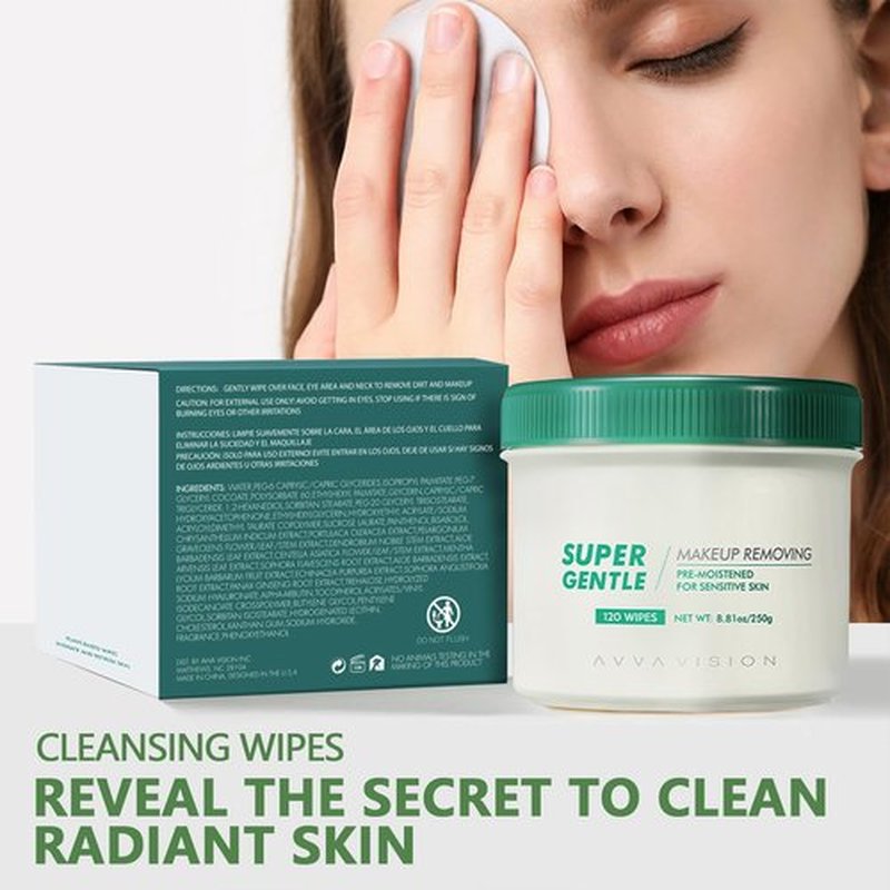 AVVA VISION Super Gentle Makeup Remover Wipes Sensitive Skin Eye Makeup Removal Pads Facial Cleansing Plant-Based Fibers, 120 Wipes