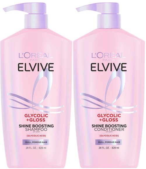 L'Oreal Paris Elvive Glycolic + Gloss Shine Boosting Shampoo and Conditioner Set, Cleanses and Smooths Dull, Porous Hair Into High-Shine, Glossy Hair, 1 Kit