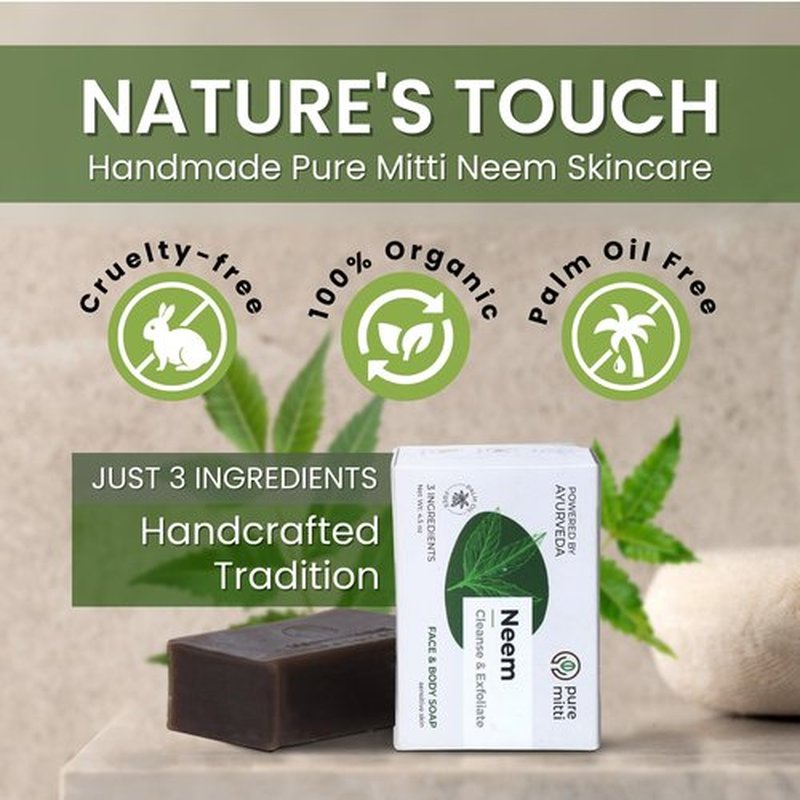 Pure Mitti Neem Soap Bars [4.5 oz x 3 Pcs.] Organic Ayurvedic Soap for Face & Body with Neem, Castor Oil & Coconut Oil – Cold Process, Plastic-Free, Herbal Cleansing