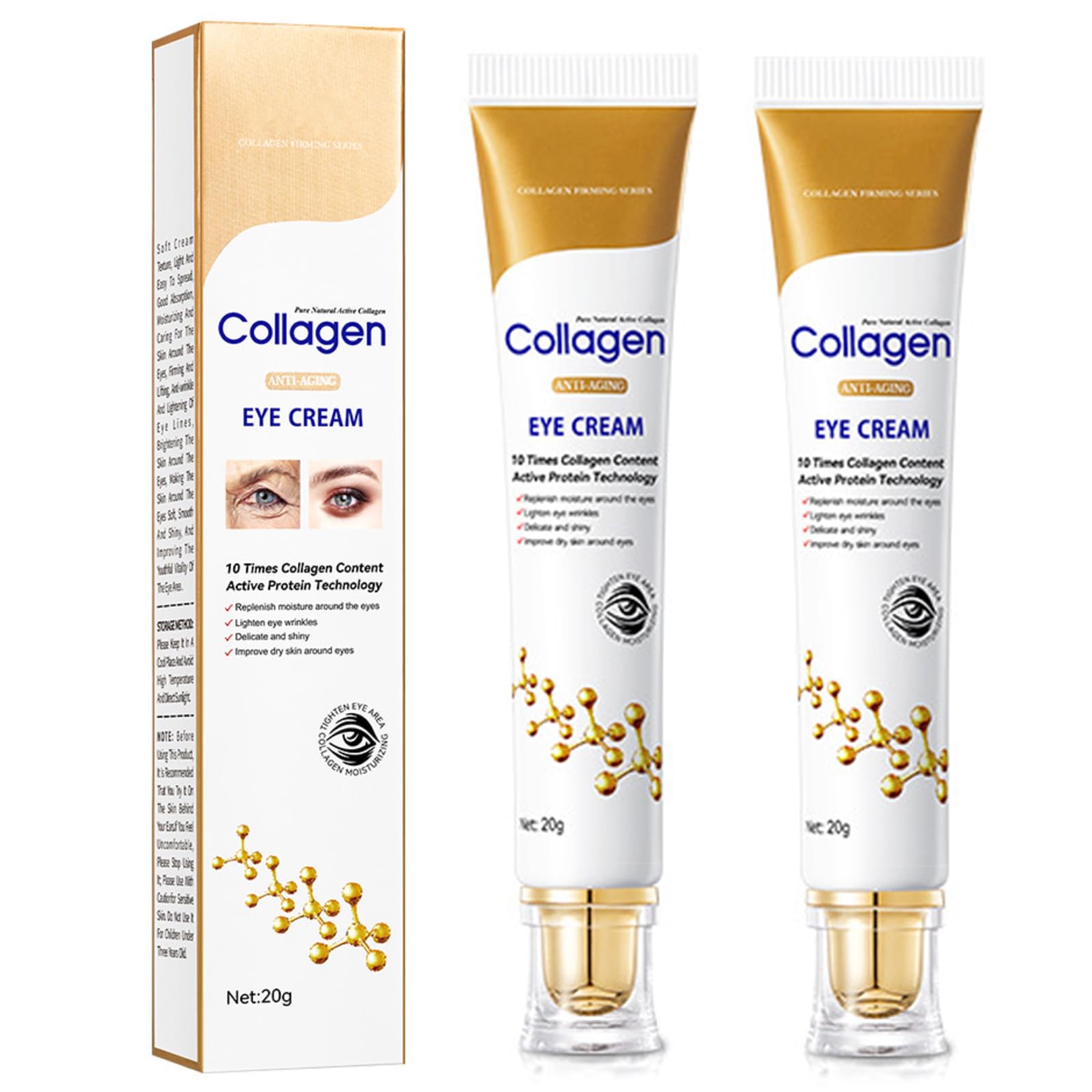 Yniquet 2PCS Age Correcting Eye Cream, Collagen Moisturizing Eye Cream for Anti Aging Eye Serum for Dark Circles Puffiness and Bags for Women Nourishing Repair Tightening and Lifting