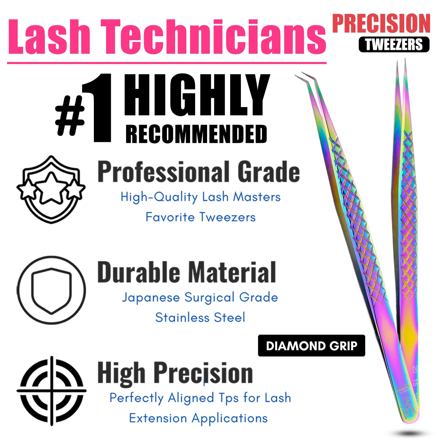 2pcs Curved & Straight Isolation Tweezers for Eyelash Extensions – 14cm Japanese Stainless Steel, Diamond Grip Non Slip Grip, Rainbow Set, Best for Classic & Individual Lashes