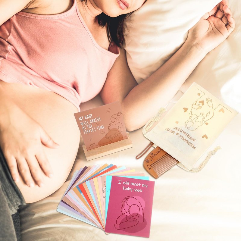 Yungyan 23 Pcs Birthing Comb Gifts Set Includes Wooden Labor Comb Pregnancy Birth Affirmation Cards Canvas Bag for Pregnant Women Labor Pain Relief Essentials, New Mom Positive Encouragement Gifts