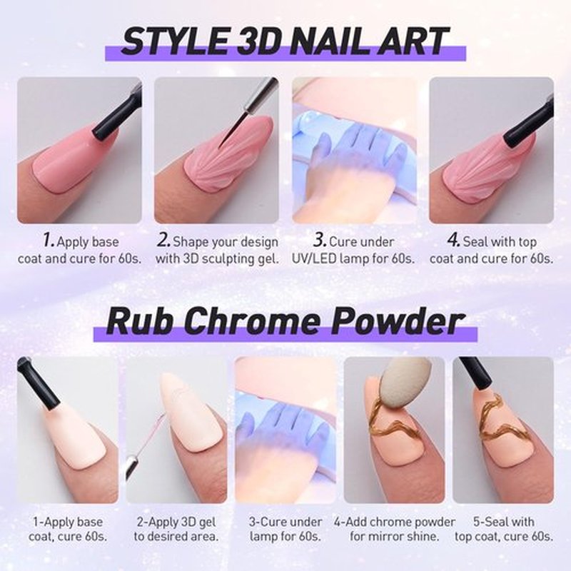 Finger Secret 3D Sculpting Gel Kit – 2×20g Nail Art Gels with Dual Pens, Gold & Silver Chrome Powders, Brushes & Rhinestone Tray for DIY Nail Design at Home or Salon