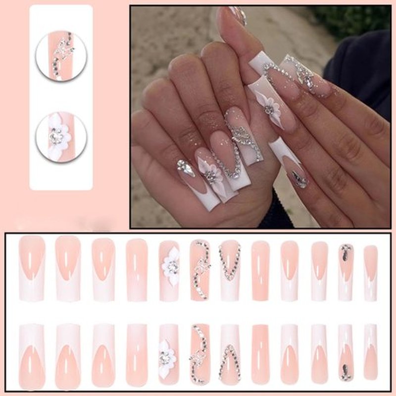 DANMANR Fake Nails Butterflies Long Press on Coffin Nails Crystal Full Cover Acrylic French Shiny Fake Nails for Women and Girls 24PCS