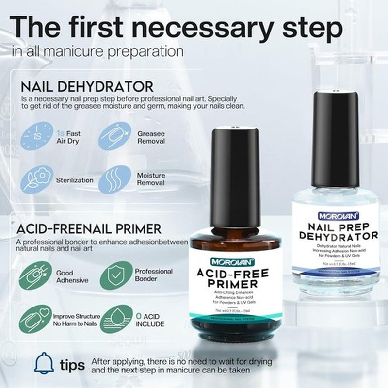 Morovan Nail Prep Dehydrate Primer - Acid-Free Formula for Acrylic & Gel Polish | Fast-Drying Bonding Agent Gift Set