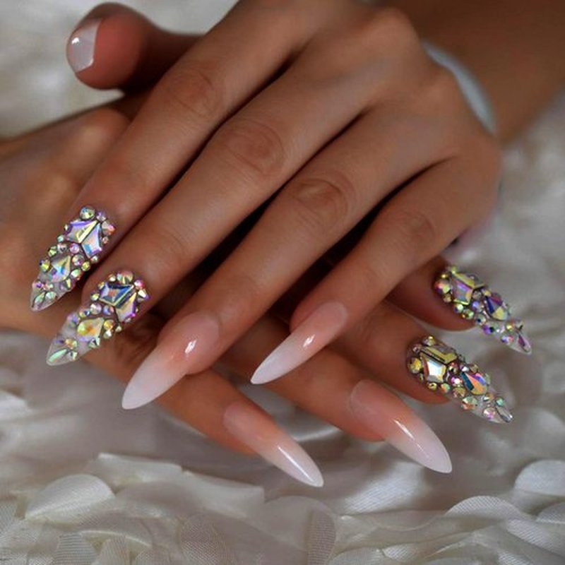 Luxury Fake Nails Designer Extra Long Ombre French Jewelry Pre-designed Nails Natural Stiletto AB Stones Decoration Tips