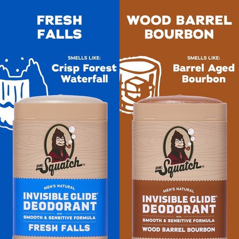 Dr. Squatch Invisible Glide Deodorant for Men - Smooth, Stain-Free Formula - Aluminum-Free, Sensitive Skin - Fresh Falls & Wood Barrel Bourbon - 2.65oz (2-Pack)
