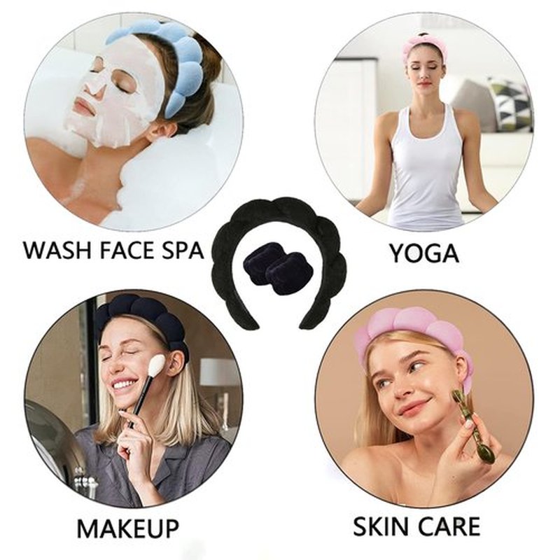 HKOVNE Spa Headband and Wristband Set for Women,Terry Cloth Sponge Headband for Washing Face,Makeup,Facial Mask and Skincare (Black,Pink, One Size)