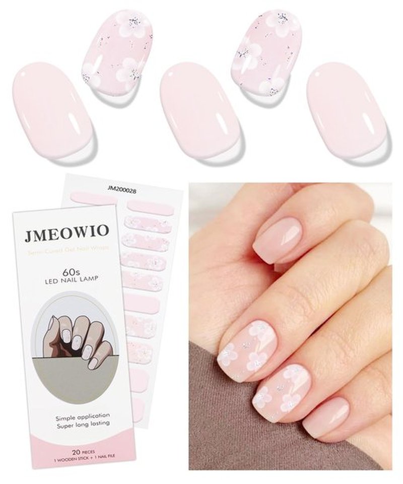 JMEOWIO Gel Nail Stickers Glitter White Flower Semi Cured Gel Nail Strips Wraps UV/LED Nails Art Design Decoration Accessories
