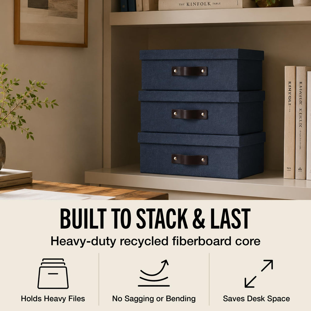 Bigso Oskar Canvas Fiberboard Document Letter Box - File Organizer Box for Important Paperwork - Document Storage with a Lid & Leather Handle - 3.3 in x 10.2 in x 13.8 in - Blue