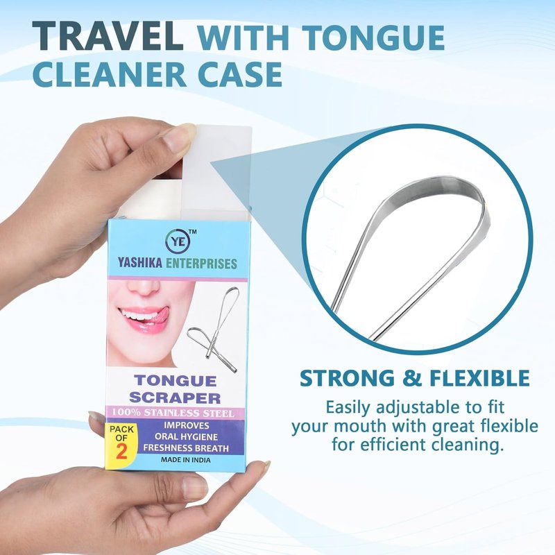 YASHIKA ENT Stainless Steel Tongue Scraper - 2 Pack Multicolor Travel Cases for Fresh Breath