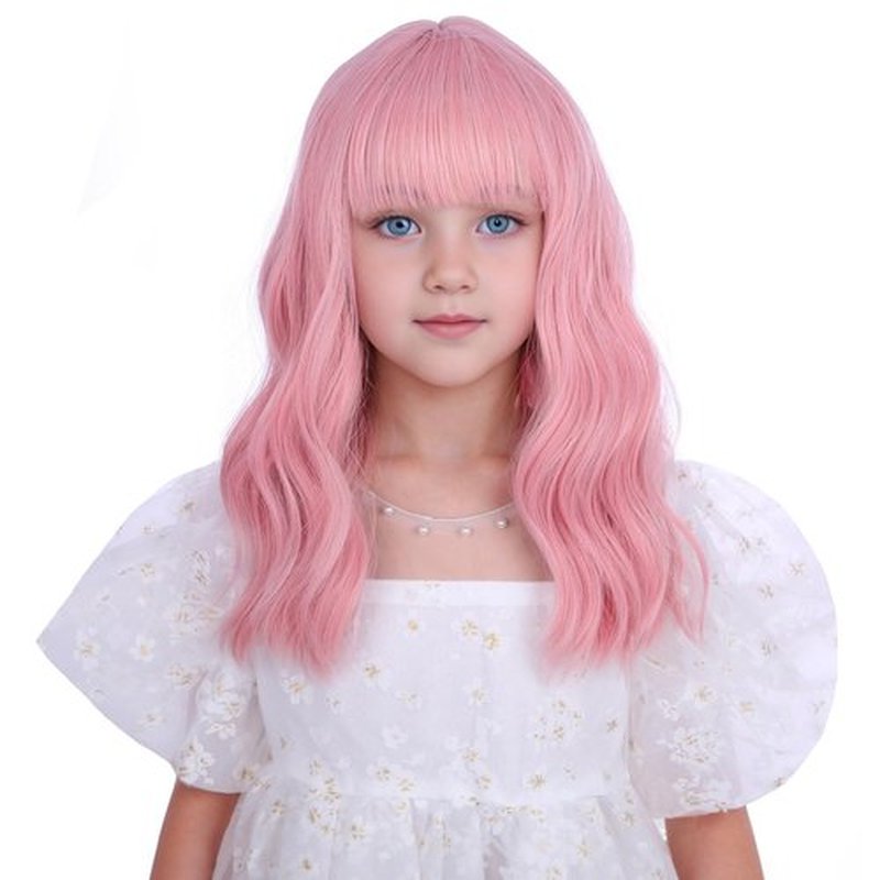 Edivd Pastel Pink Wig for Kids Girls Short Light Pink Wig with Air Bangs Short Pink Wavy Curly Wig for Child Heat Resistant Synthetic Wig with Wig Cap