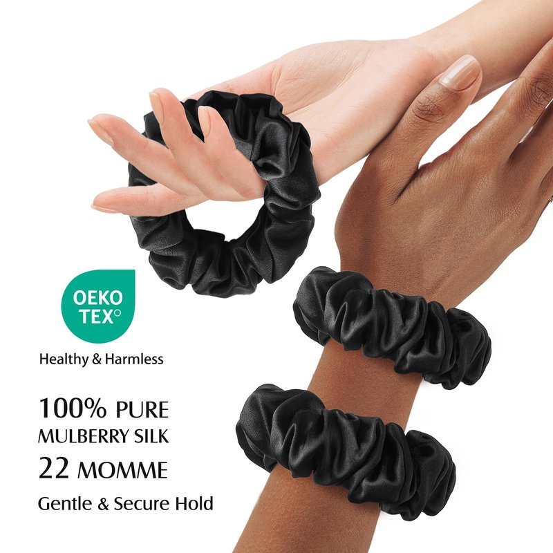 YFONG 3 PCS 100% Silk Scrunchies for Hair Sleep Women Girls, 22 Momme Pure Mulberry Hair Ties for Frizz & Breakage Prevention, Elastic Ponytail Holders Gentle And No hurt (3PCS Black)