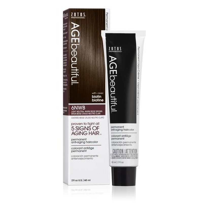 AGE beautiful Permanent Hair Color Dye Liqui Creme | 100% Gray Coverage | Anti-Aging Haircolor | Biotin for Thicker, Fuller Hair | Professional Salon Coloring | 6NWB Light Neutral Warm Beige Brown