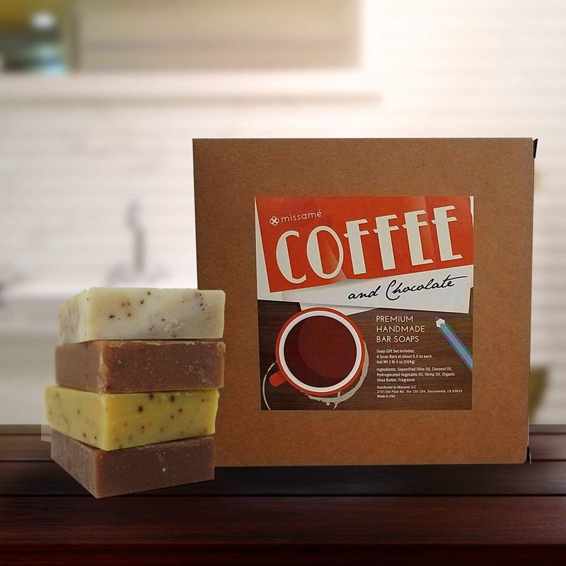 Missamé Handmade Bar Soap Gift Set, Coffee And Chocolate Scented, 4 Full Sized Bars 5.0 oz Each, Saponified Olive Oil Base With Organic Shea Butter, Best For All Skin Types