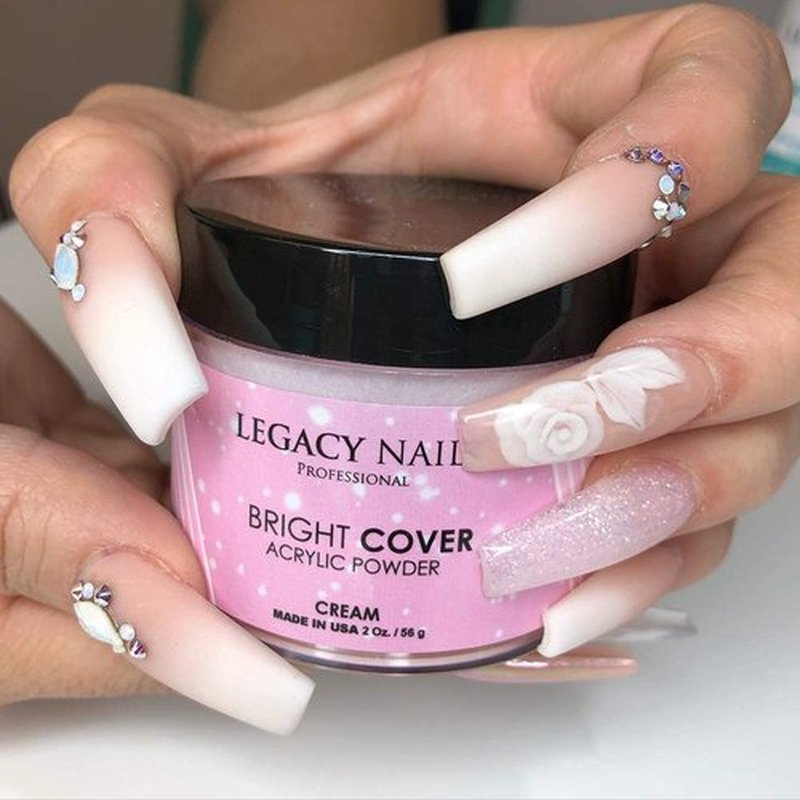 Legacy Nails Professional Bright Cover Full Coverage Color, CREAM 2 oz Acrylic Powder With Shimmer, Shine for Overlay Nail Extensions