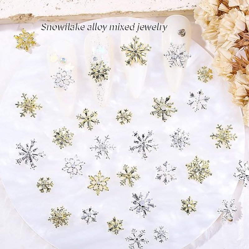 44Pcs Christmas Nail Art Charms for Acrylic Nails, Gold Silver Snowflakes Nail Charms 3D Alloy Snowflake Nail Rhinestones Luxury Winter Nail Gems Jewelry for Women DIY Christmas Manicure Decorations